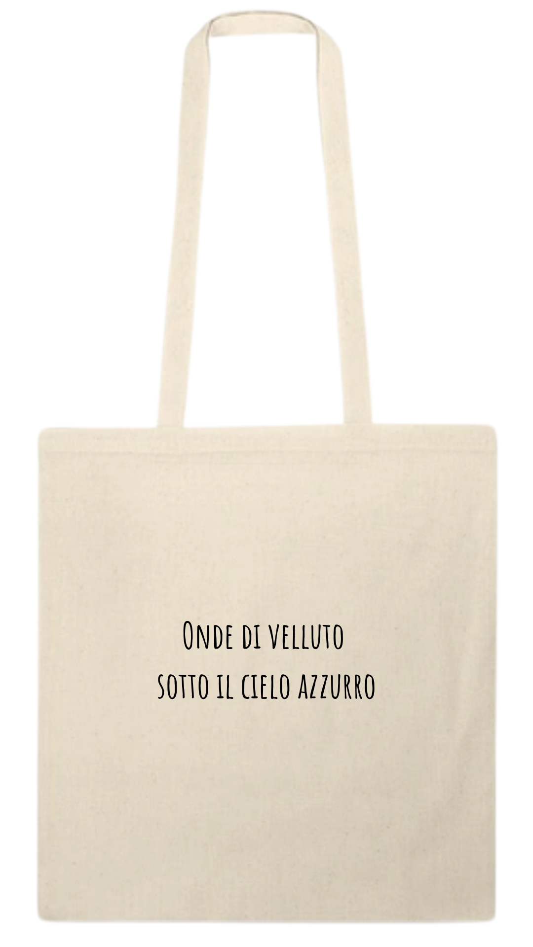borsa di tela con scritta: onde di velluto sotto il cielo azzurro